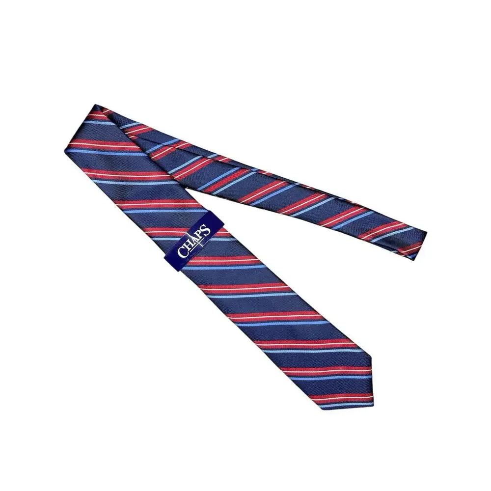 CHAPS Men’s Striped Necktie Navy Red Blue White 100% Polyester NWT